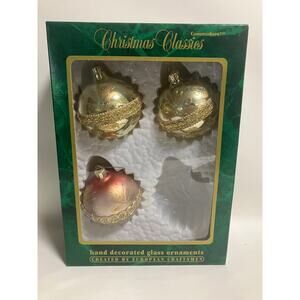 3 VTG Commodore Christmas Classics Ornaments Gold Glitter Hand-decorated Pink